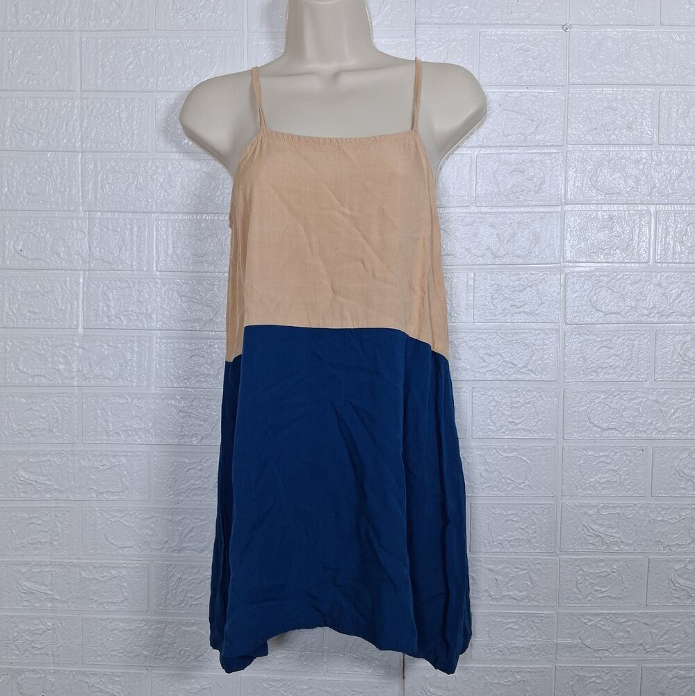 Valija XS Colorblock Mini Dress Tan Cobalt Blue Rayon Adjustable Straps
